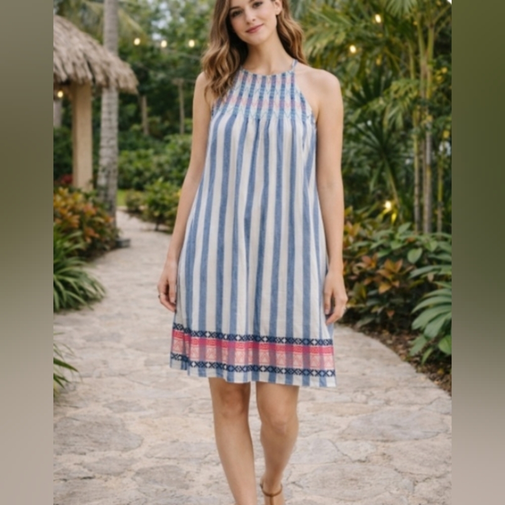 THML Vertical Stripe Embroidered Dress Size Small NEW NWT Smocked Tassels Boho